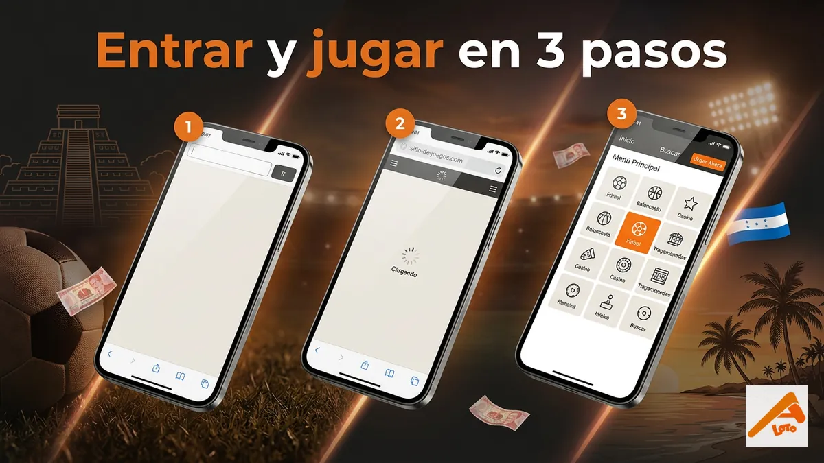 Secuencia de tres pantallas de celular mostrando cómo entrar a Apostemos HN desde el navegador en tres pasos, sin instalar nada