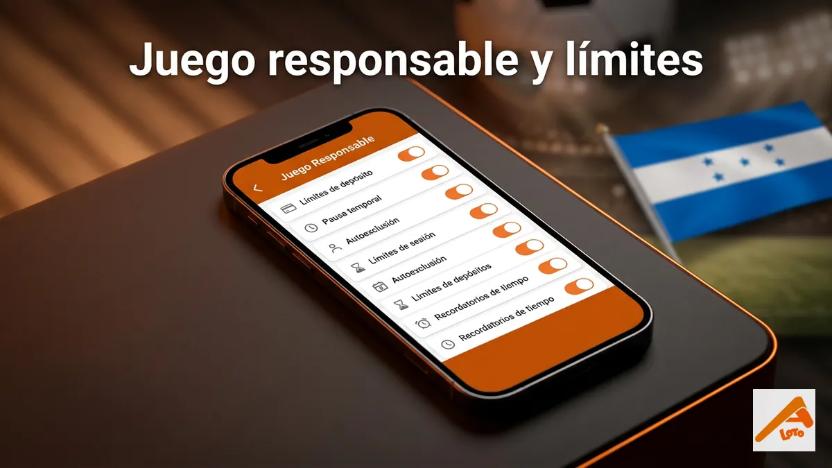 Mockup de teléfono con menú de juego responsable en español, límites y autoexclusión en la app de apuestas en Honduras