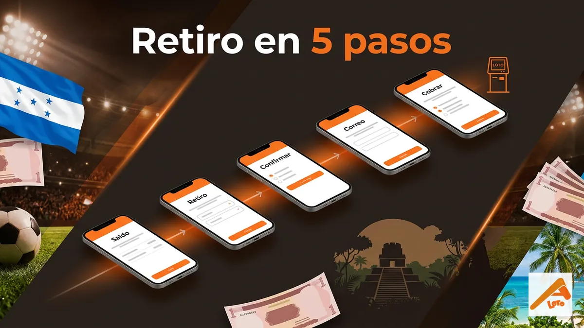Cinco pantallas muestran el proceso de retiro en Apostemos, del saldo al cobro en efectivo